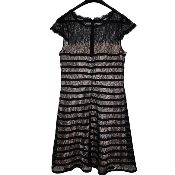 Adrianna Papell Lace Cocktail Midi Dress With Sheer Neck And Hem In Black Size L - Picture 9 of 14